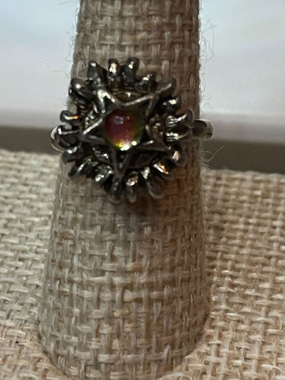 Gothic Sunburst Iridescent Glass Star Ring Size 3 Vintage 60s